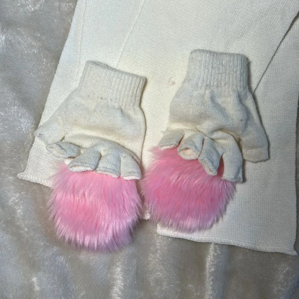 White and pink Mittens fashion gloves for ki open fingers cure fur